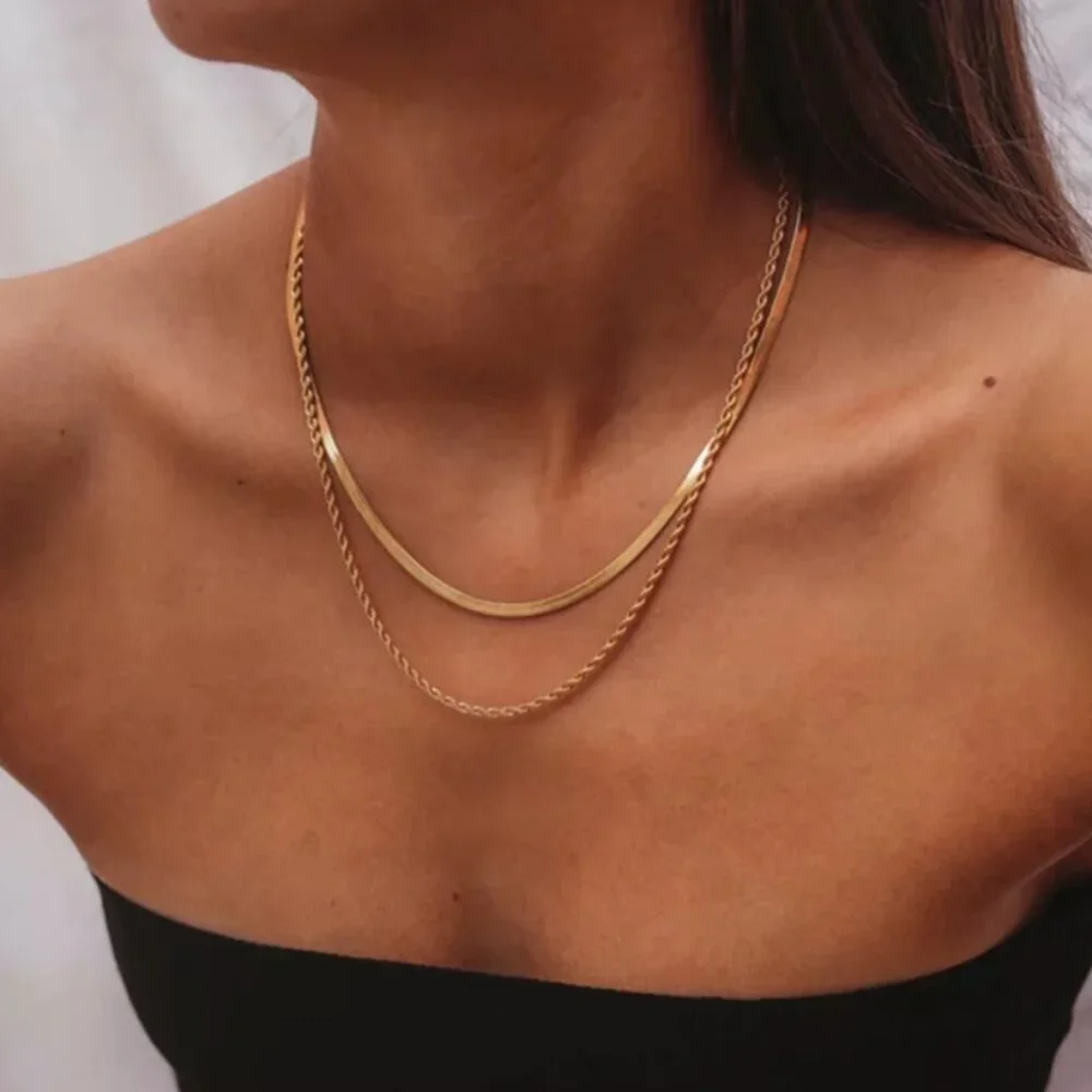 18k Gold Snake Chain & Rope Chain Layered Necklace Minimalist Layer Necklace - Picture 1 of 6
